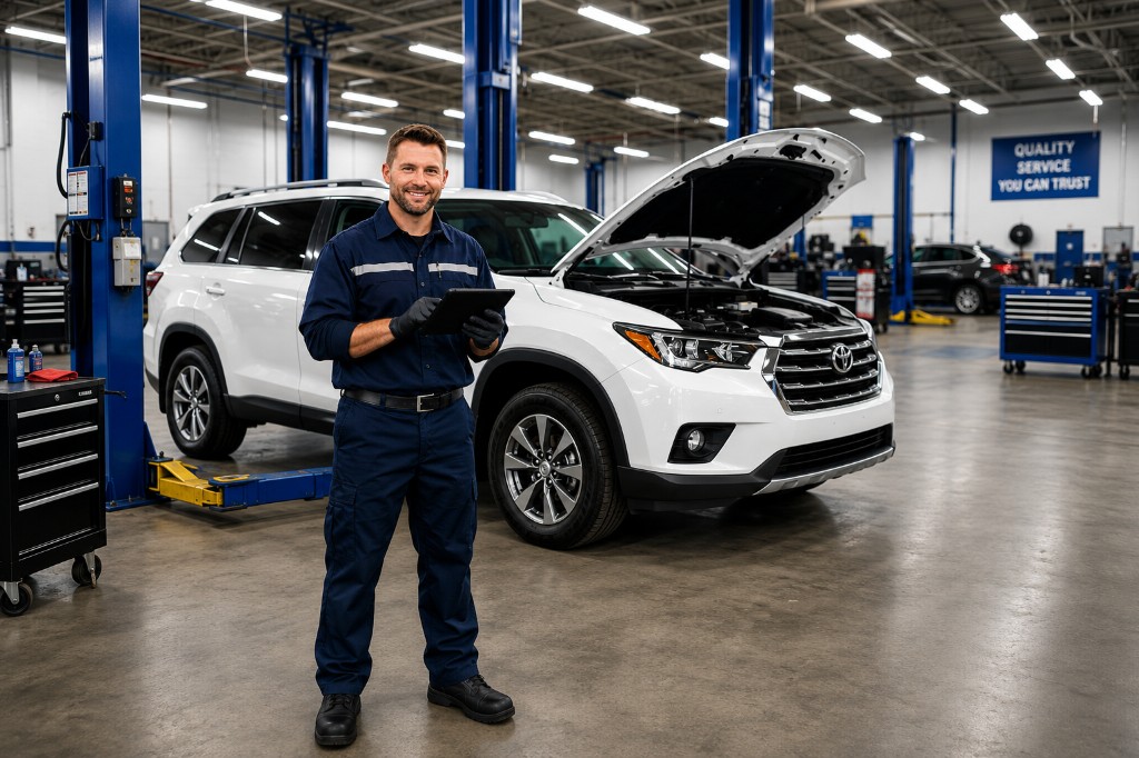 Automotive ERP — workshop manager with tablet in a bright modern service center for job cards, inventory, and workshop management in Bahrain and Saudi Arabia