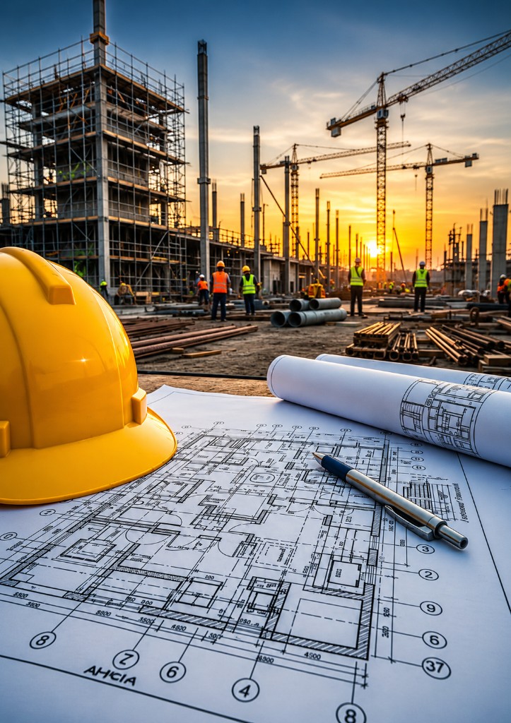 Construction ERP — architectural blueprints and safety planning in the foreground of an active building site at sunset in Bahrain and the GCC
