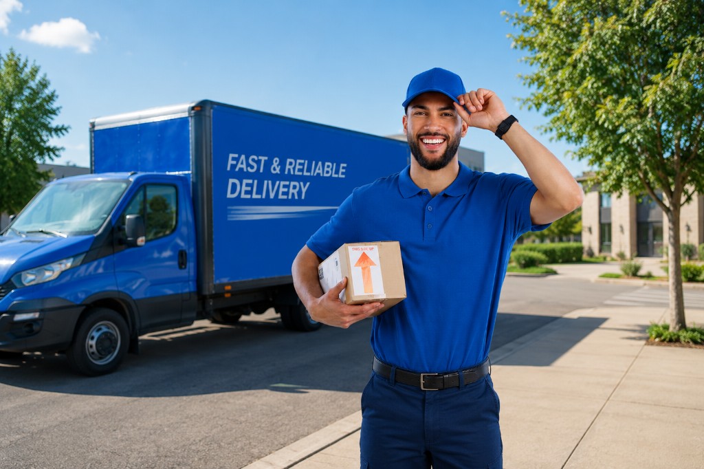 Distribution ERP — delivery driver with a package beside a delivery truck for fast, reliable logistics across Bahrain and the GCC