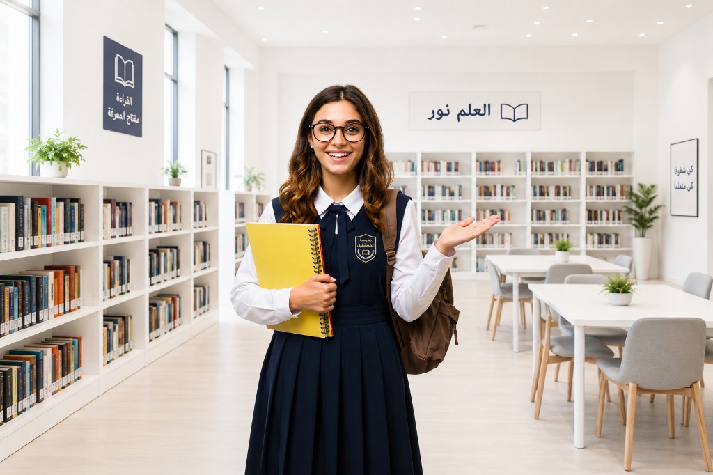 Education ERP — smiling school student in uniform with notebook in a modern school library for admissions, fees, attendance, and school management in Bahrain and the GCC