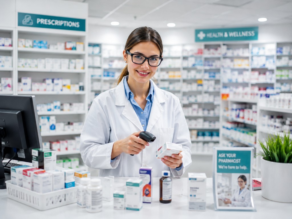 Pharmacy ERP — pharmacist scanning medication with a barcode scanner at the counter in a modern pharmacy for inventory, batch tracking, and billing in Bahrain and the GCC