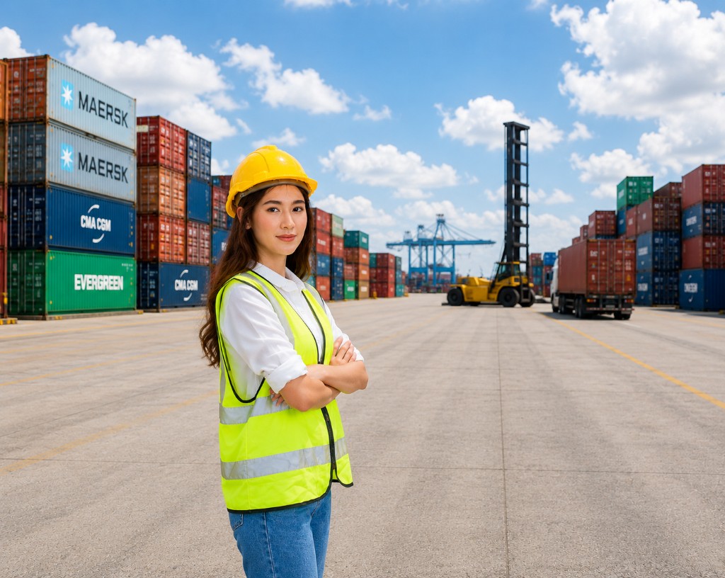 Trading and import/export ERP — logistics manager at a shipping container port with stacked containers and cranes for wholesale, retail, and GCC trade operations