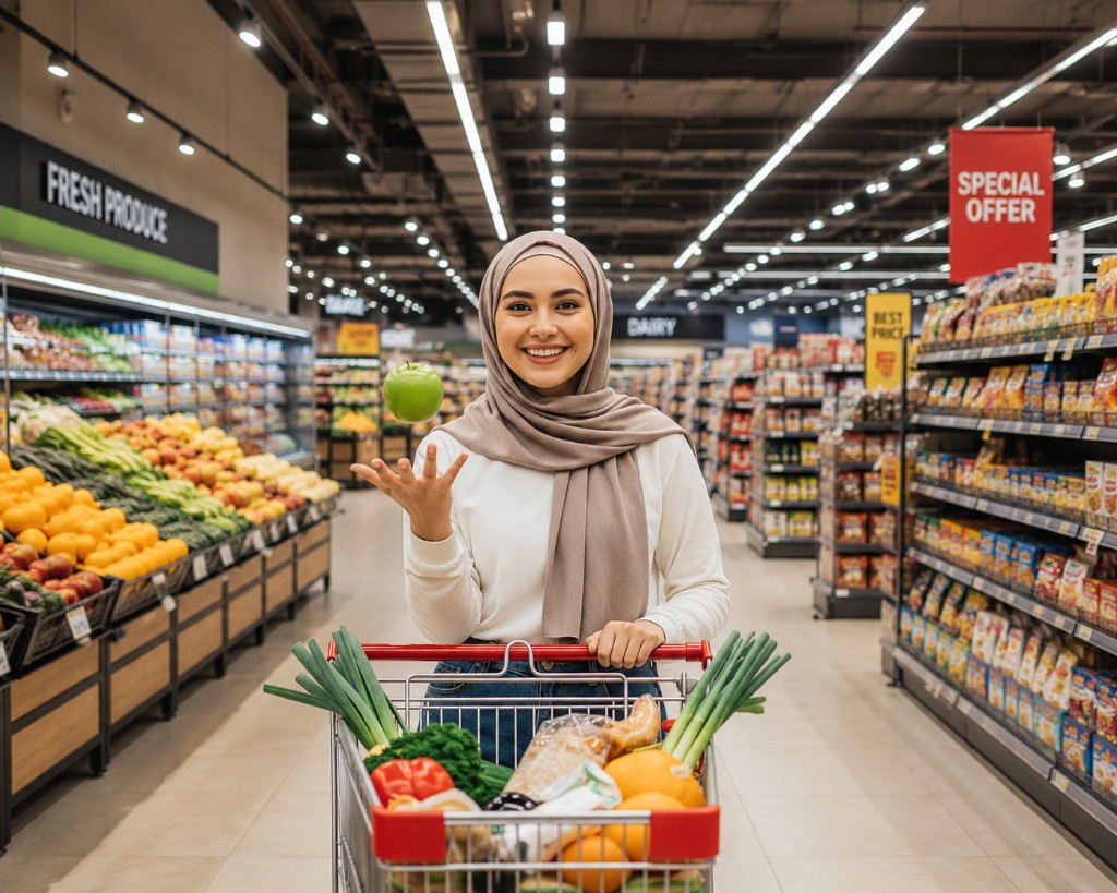 Supermarket ERP — shopper with cart in a bright modern grocery store with fresh produce aisles and special offers for barcode billing, multi-branch inventory, and POS in Bahrain and the GCC