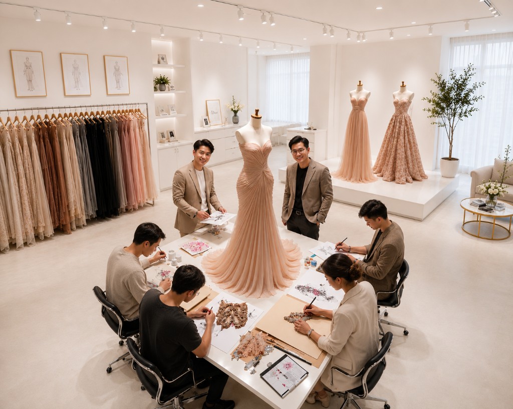 Tailoring and fashion design studio — designers collaborating around a mannequin in a bright atelier for measurements, order tracking, and garment production