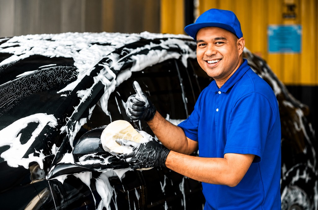 Professional car detailing worker giving thumbs up while washing a soapy vehicle at an automotive service center