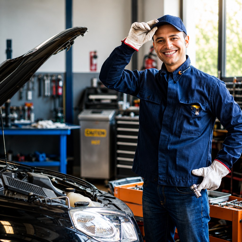 Smiling automotive mechanic in a modern workshop with vehicle hood open