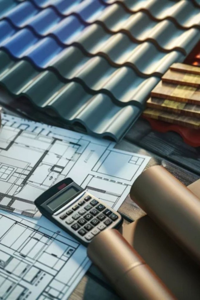 Construction material samples with corrugated roofing sheets, wooden planks, architectural blueprints, and a calculator for building supply planning