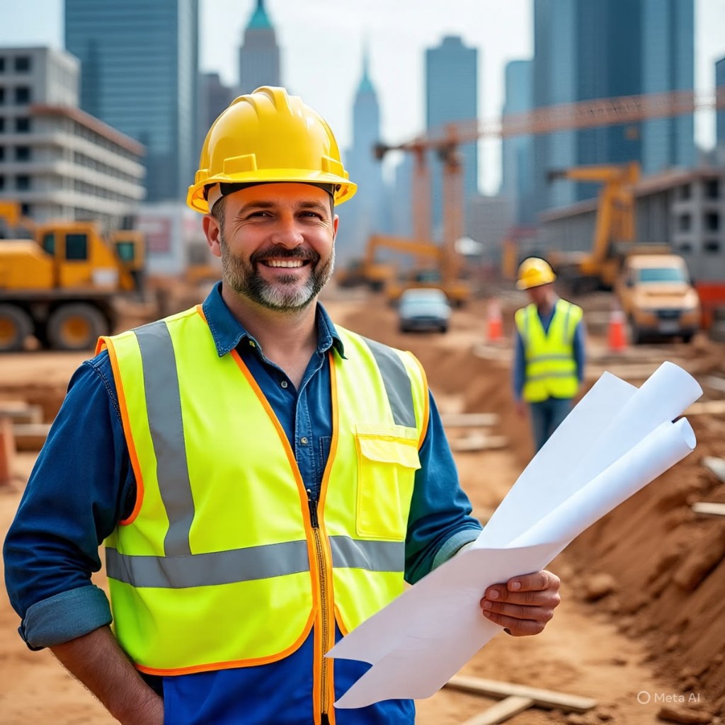 Construction site manager with blueprints at an active urban building project