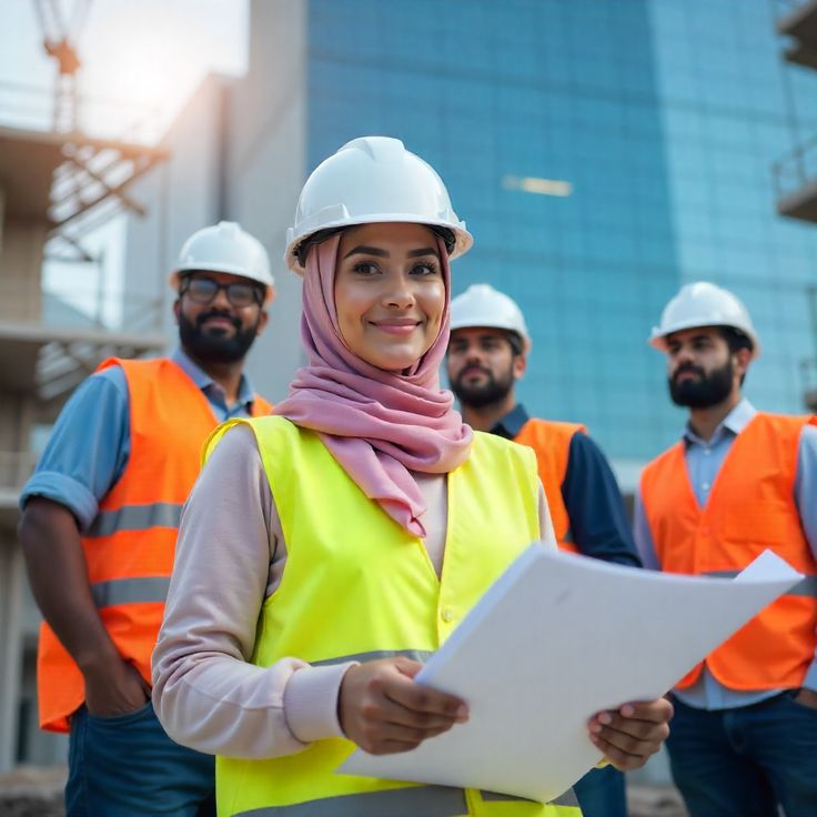 Construction project manager with architectural plans and team at a building site in Bahrain and Saudi Arabia