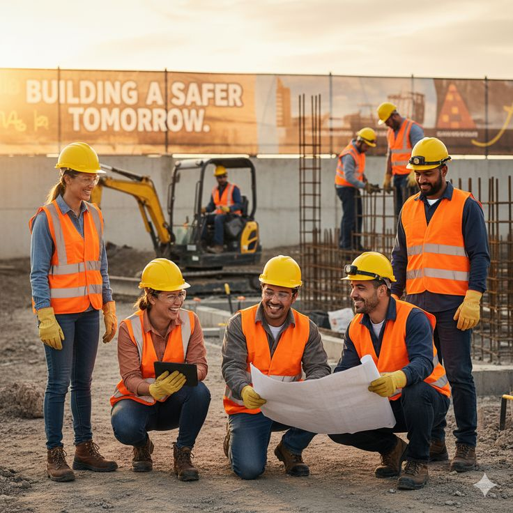 Construction project team reviewing blueprints and plans together on an active job site