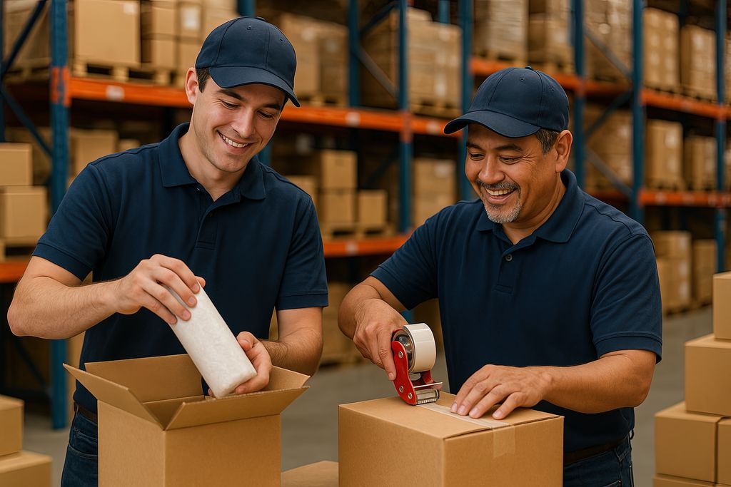 Warehouse team packing and sealing cartons in a distribution and logistics facility