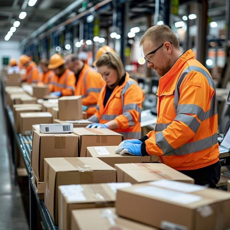 Distribution warehouse workers processing packages on a conveyor belt in a fulfillment center