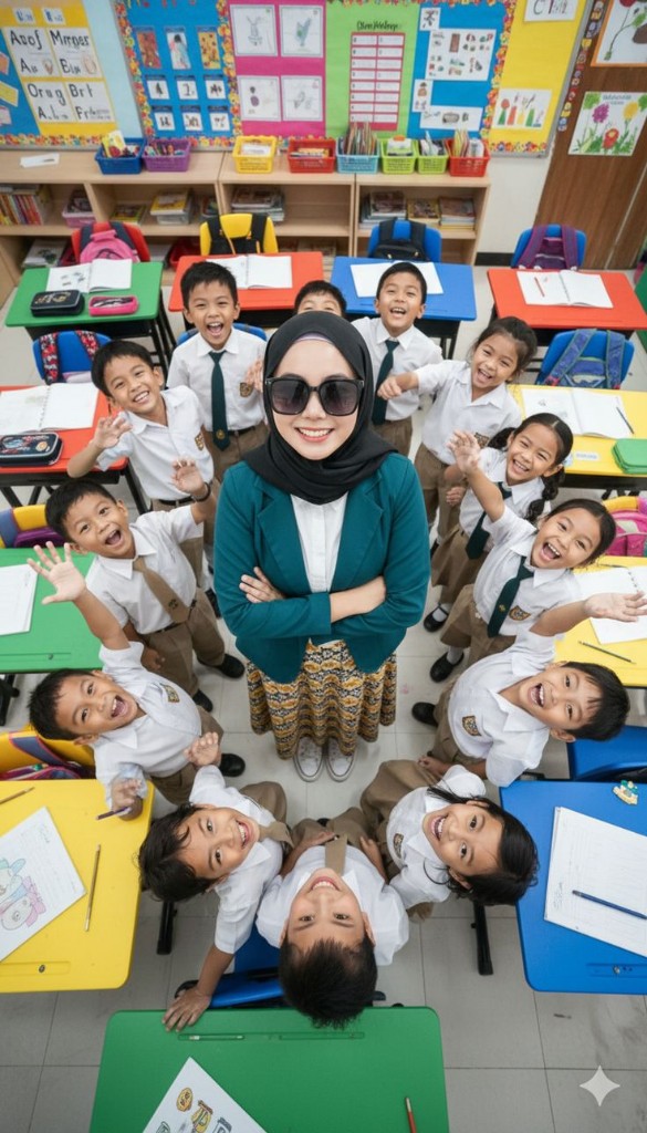 School teacher with students in a cheerful classroom in Bahrain and Saudi Arabia