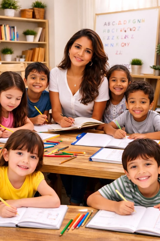 Teacher and students learning together at a table in a bright modern classroom