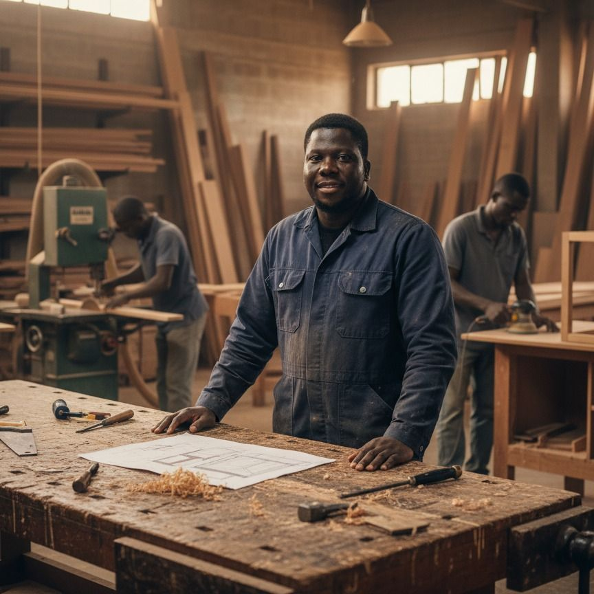 Workshop supervisor with blueprints and tools in a woodworking manufacturing facility