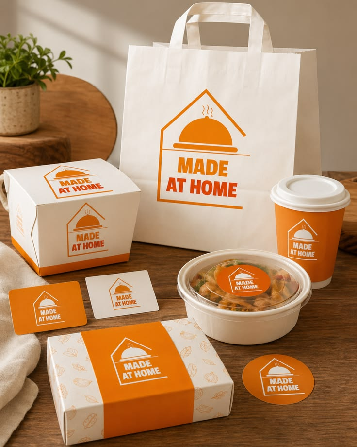 Branded food packaging and manufactured products displayed on a production-ready tabletop