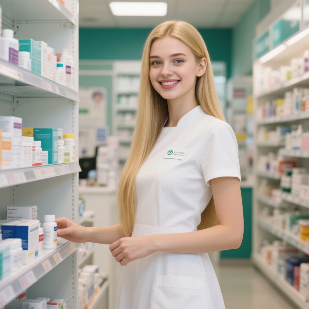 Pharmacist selecting medication from shelves in a modern pharmacy in Bahrain and Saudi Arabia