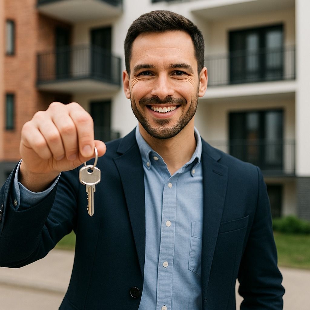 Real estate agent handing over property keys in front of a modern apartment building
