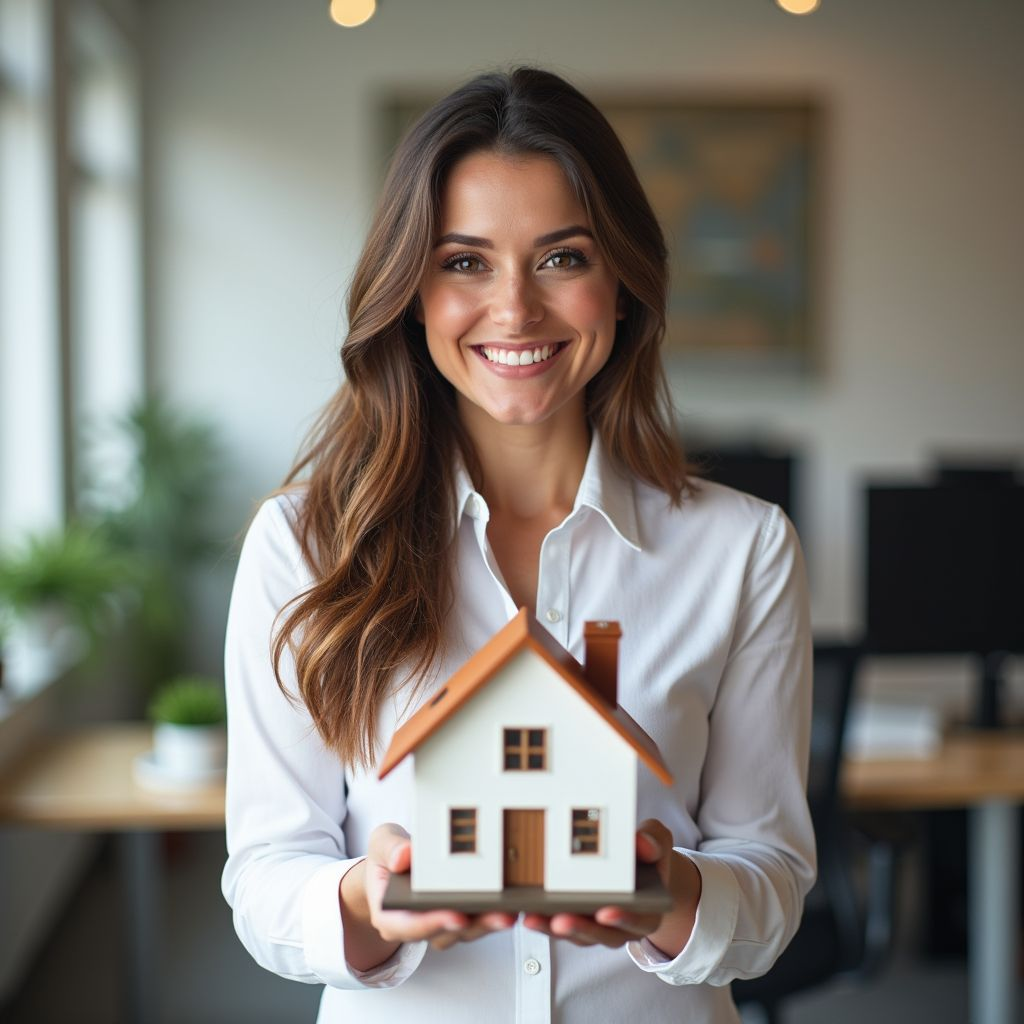Real estate professional presenting a property model in a modern office