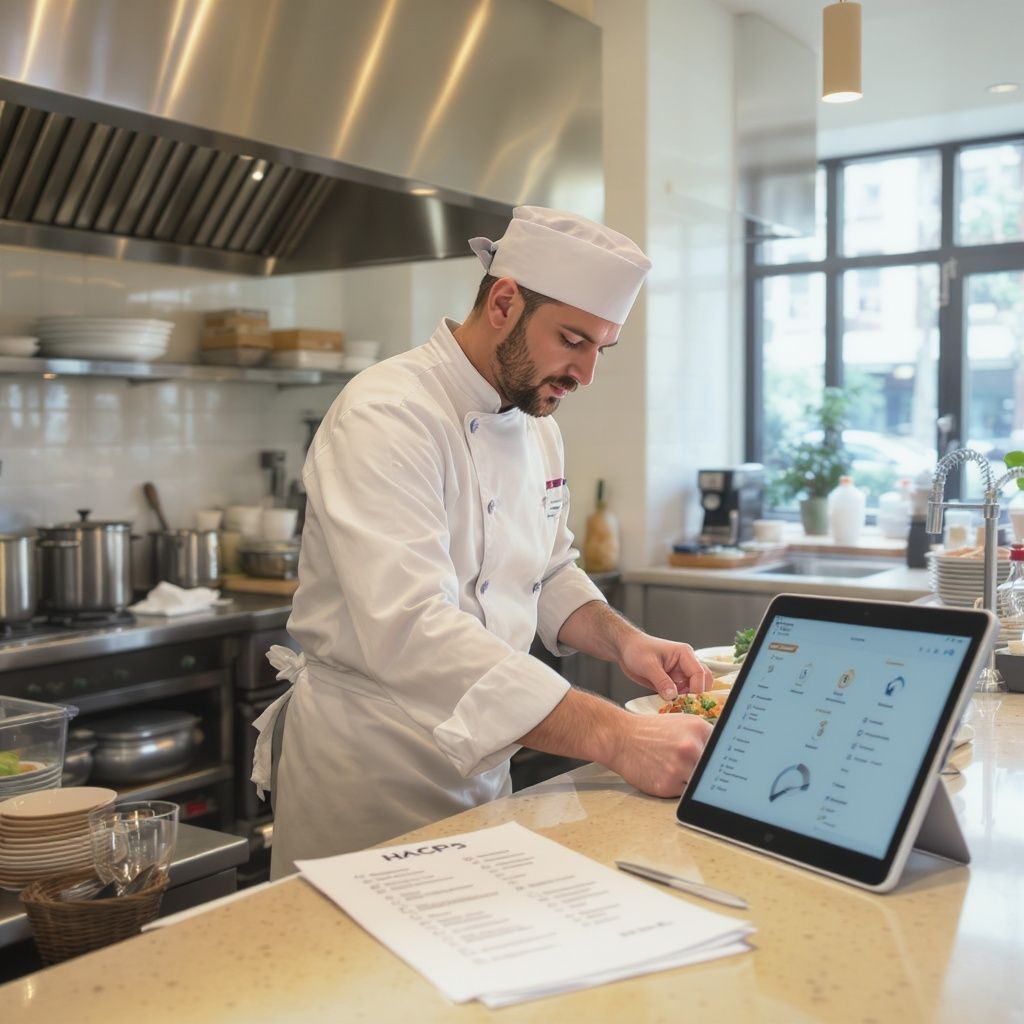 Chef plating food in a professional kitchen with tablet-based restaurant management and food safety compliance