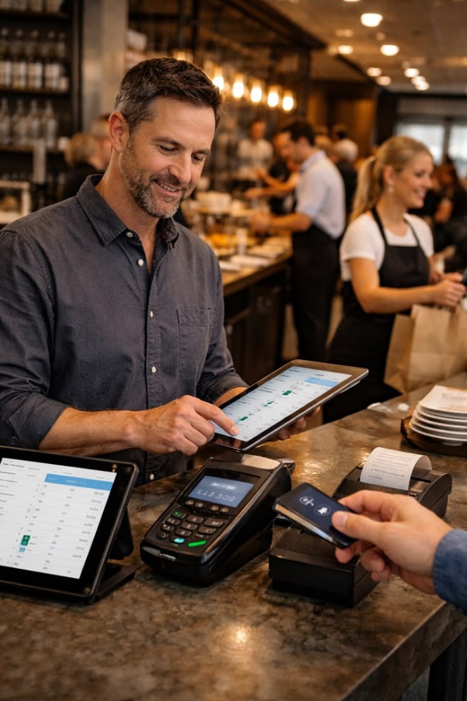 Restaurant manager using a tablet POS system at the counter in Bahrain and Saudi Arabia