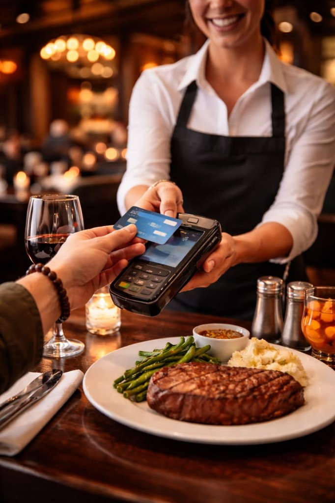 Restaurant server processing a contactless card payment at the table with a plated meal