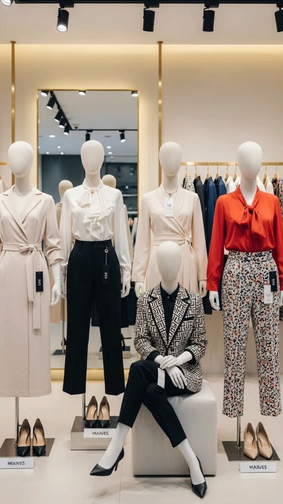 Premium fashion retail display with mannequins in professional women's clothing