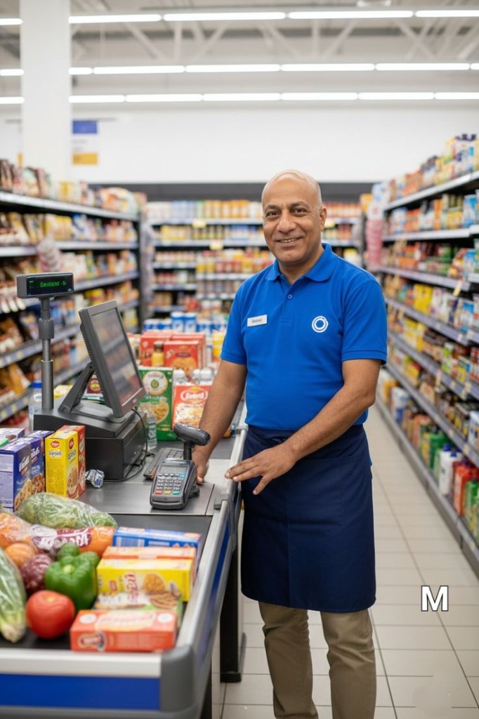 Supermarket cashier at a checkout counter with POS terminal and groceries