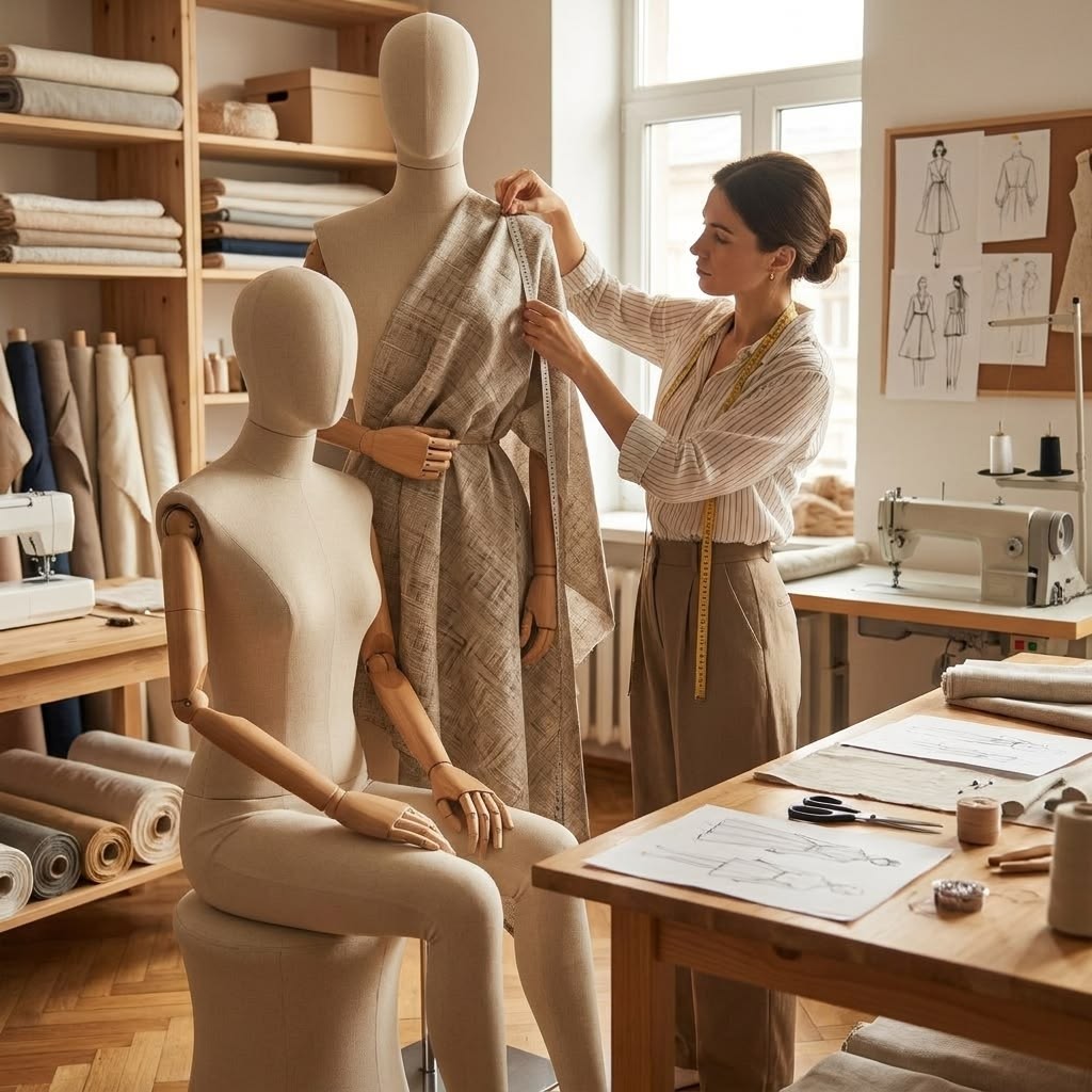 Tailor measuring fabric on a mannequin in a modern fashion design studio