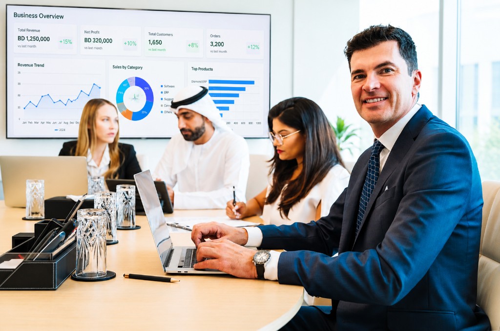 Diamond ERP � business team reviewing real-time revenue, sales, and analytics dashboards
