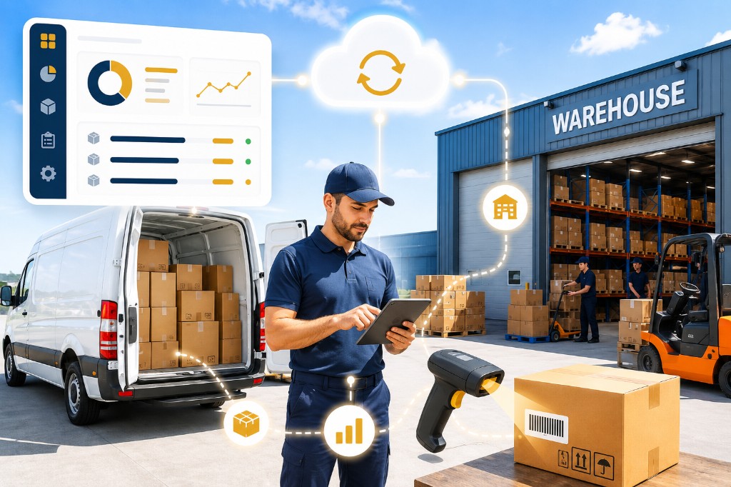 Enterprise illustration of delivery van inventory synchronized with warehouse, barcode scanning, mobile sales, and live inventory dashboard